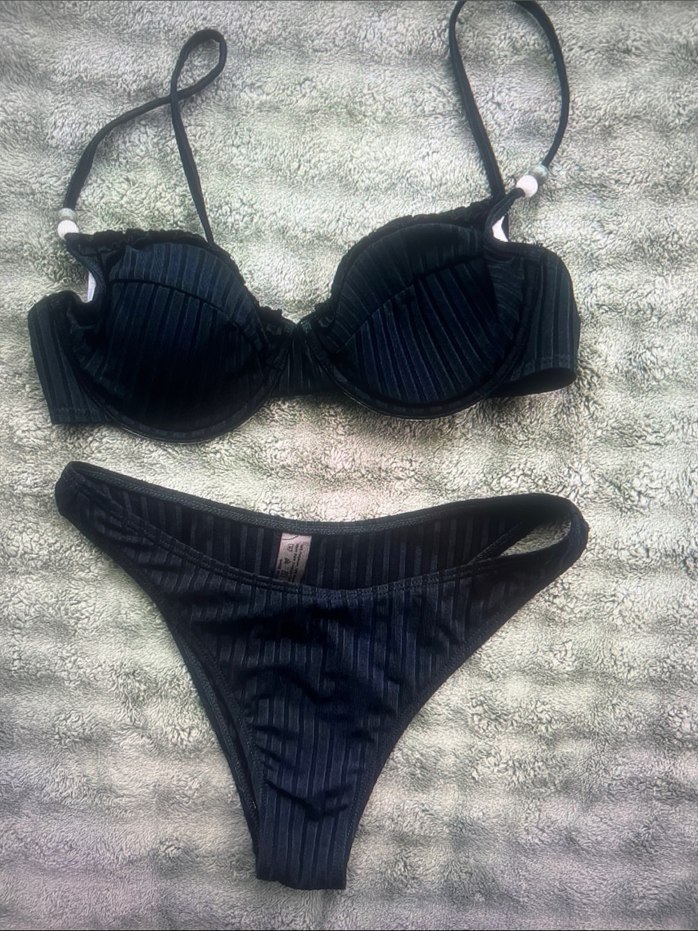 Black Ribbed Underwire Bikini Set - Women's Swim